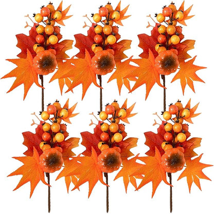 6 Pack Fall Stems Artificial Berry Picks Fall Picks with Pumpkin Maple Leaves Branches Decorations for Harvest Autumn Thanksgiving Day Flower Arrangements Wreaths Indoor Outdoor Home Decor
