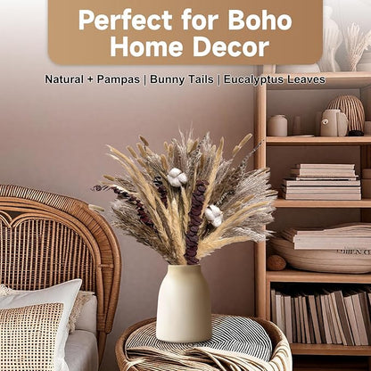 Pampas Grass Boho Home Decor 80PCS 17 inch Natural Dried Flowers for Vase Eucalyptus Stems Pompas Dried Flowers Bouquet DIY Arrangements Boho Wedding Bedroom Tables Rustic Decoration