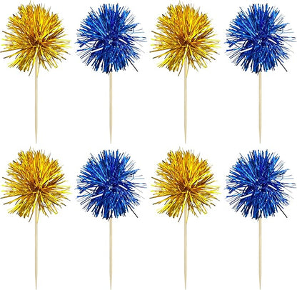 Gyufise 30Pcs Foil Firework Cupcake Toppers Sparkle Tinsel Cake Toppers Tinsel Drink Cake Decoration Cocktail Picks for Birthday Wedding Graduation Party Supplies Gold Dark Blue
