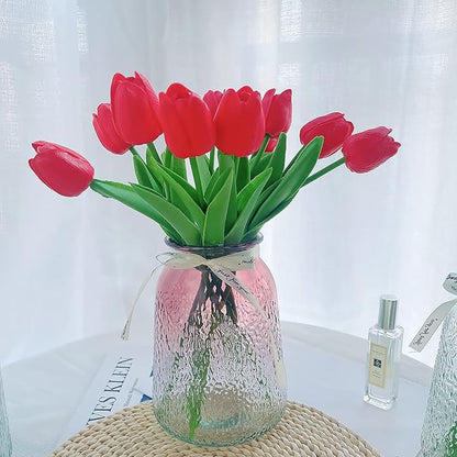 UKELER 24 Pcs Fragrant Red Flowers 13.5" Tall Artificial Tulip Flowers for Home Kitchen Wedding Decorations Tulip Wreath Arrangement