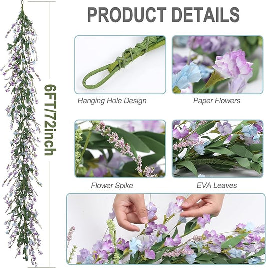 Artgar Flower Garland 6Ft Spring/Summer Garlands Floral Garland for Mantle All Year Round Paper Garlands Decor for Indoor Outdoor Home Wedding Arch Porch Stair Backdrop Year Round Decor (Light Purple)