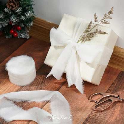 MAYREEL 2 Inch White Velvet Ribbon Hand Torn Snow White Silk Frayed Edge for Bridal Bouquets Invitations Wedding Vow Books Gift Baskets Hair Bows 3 Yards