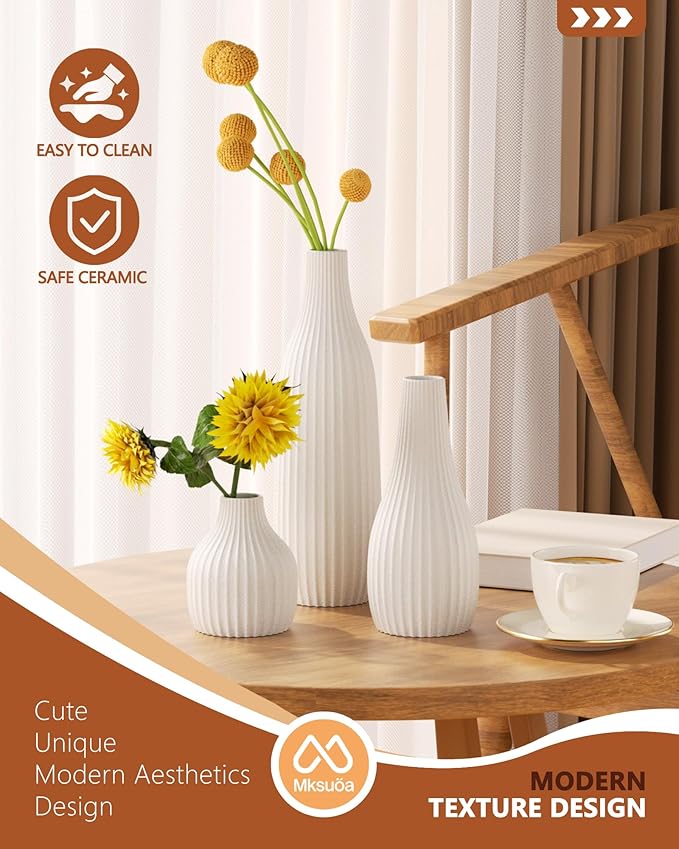 Decorative Flower Vase Set of 3 - Modern Boho Style White Vases, Ribbed Textures Ceramic Vase for Home Decor Shelf Bookshelf Mantle TV Stand Entryway Console, Dining Table Centerpiece Decor