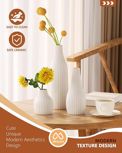 Decorative Flower Vase Set of 3 - Modern Boho Style White Vases, Ribbed Textures Ceramic Vase for Home Decor Shelf Bookshelf Mantle TV Stand Entryway Console, Dining Table Centerpiece Decor