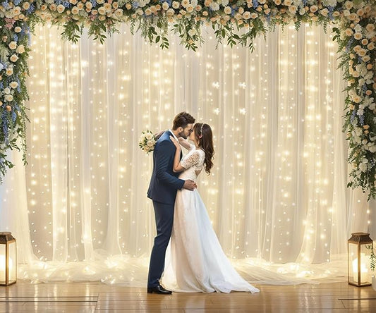 20ft x 10ft Ivory Tulle Photo Backdrop Curtain with Lights String for Parties Wedding Sheer Ivory Curtain Backdrop for Birthday Party Bridal Shower Photo Booth Photography Background Decorations