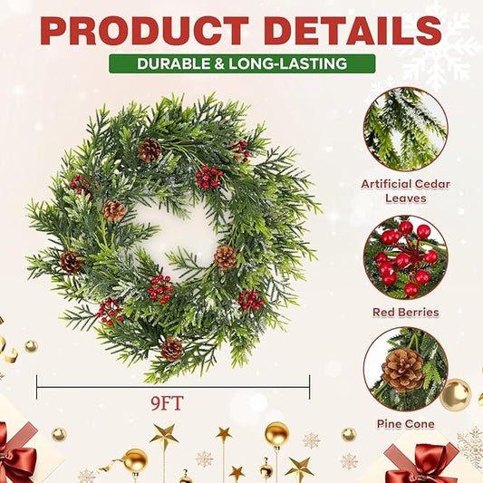 1PC 9FT Artificial Norfolk Pine Garlands, Real Touch Winter Christmas Garland, Green Artificial Greenery Garland for Table, Mantle, Wall, Indoor, Outdoor Christmas Decorations (1, 9FT)
