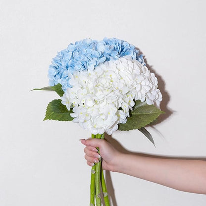 WILD WORKS Hydrangea Artificial Flower Natural Lifelike Real 21 inch Latex Long Stem 2 White+2 Light Blue Hydrangea Flower Bouquets for Christmas Decor Home Party Outdoor Wedding Decoration