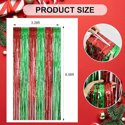 TONIFUL 3Pcs Red Green Door Streamers,Red GreenPhoto Booth Backdrop Metallic Streamers Foil Fringe Curtains for Birthday,Christmas,New Year,Bachelorette,Grad Party Streamers Decor(9.9ft x 6.6ft)