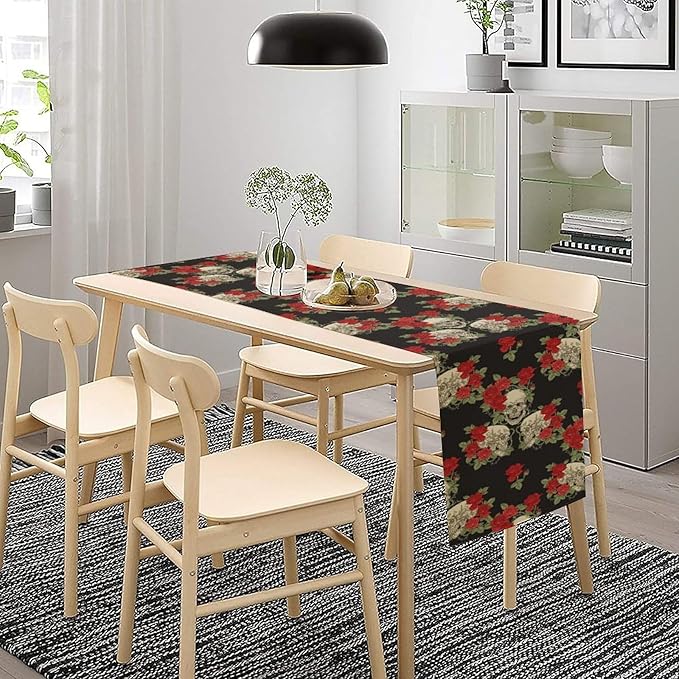 Gothic Table Runner,Red Rose Skull Print Table Runner for Home Kitchen Table Dining Garden Farmhouse Wedding Party Decor 13x36 Inch