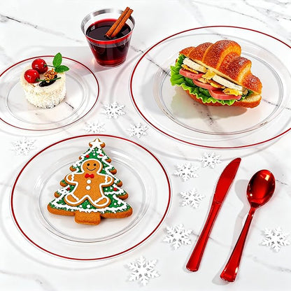 SUT 175 Pcs Red and Clear Plastic Dinnerware Set for 25 Guests, Include: 25 Dinner Plates, 25 Dessert Plates, 25 Pre Rolled Napkins With Silverware, 25 Cups, Disposable Plates for Party, Christmas