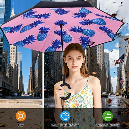 Inverted Umbrella, 49 Inch Double-Layer Vented Reverse Umbrella, Windproof Waterproof UV Protection, Lightweight C-Handle, Fiberglass Ribs, Steel Shaft, Travel/Commute/Car Use, With Sleeve