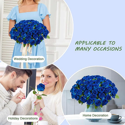 Fake Plants Roses Flowers Plastic Flowers Spring Decorations for Home Gifts for Gf Roses Artificial Flowers for Vase Fake Flowers Home Decor Fake Plant 19.6"(50PCS Blue)