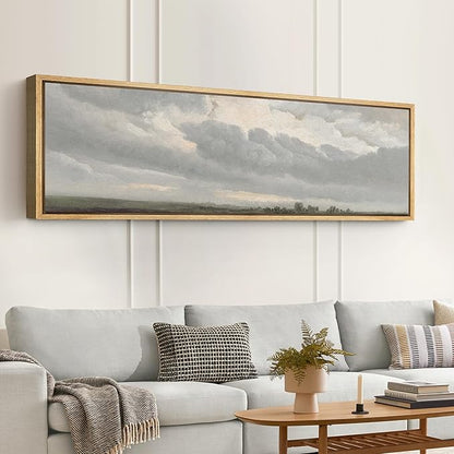 SIGNFORD Large Framed Canvas Print Wall Art Expansive Cloudy Sky Over Landscape Soft Neutral Horizon Scene Illustrations Modern Art Relax/Calm Warm for Living Room, Bedroom, Office - 60"x20"