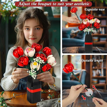 Roses Flower Bouquet Building Kit, Artificial Roses Flower Bouquet Building Set with Vase, DIY Artificial Flower Bouquet Set for Home Office Decoratin, Valentine Christmas