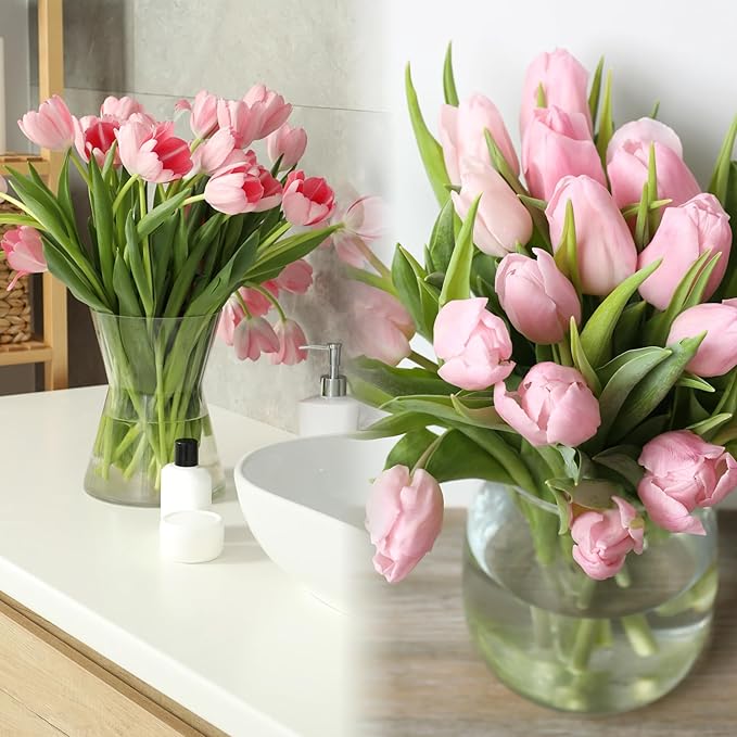 Sggvecsy 30 Pcs Fake Tulips Artificial Flowers Real Touch PU Faux Flowers Tulip Stems for Wedding Spring Bouquet Floral Arrangement Home Party Office Decorations for Mother's Day (Milk Pink)