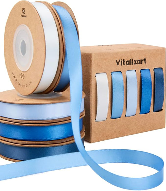 Vitalizart Blue Ribbons for Crafts 3/8" x 50 Yd Satin Ribbon Double Face Gift Wrapping Silk Like Fabric Flower Bouquet Birthday Party Decorations Bridal Shower Wreath Hair Continuous Navy Baby Blue