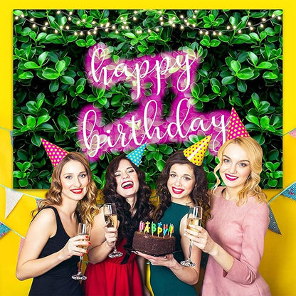 7x5ft Green Leaves Happy Birthday Decoration for Women Shiny Pink Neon Sign Party Backdrop Banner for Girl Princess 20th 30th 40th 50th Birthday Background Photo Booth Props