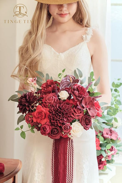 TINGE TIME 11 Inch Wedding Bouquets for Bride, Burgundy Artificial Flowers Bouquet, Brides & Bridesmaids Bouquet Tossing Bouquet for Wedding Anniversary Ceremony Bridal Shower Decorations