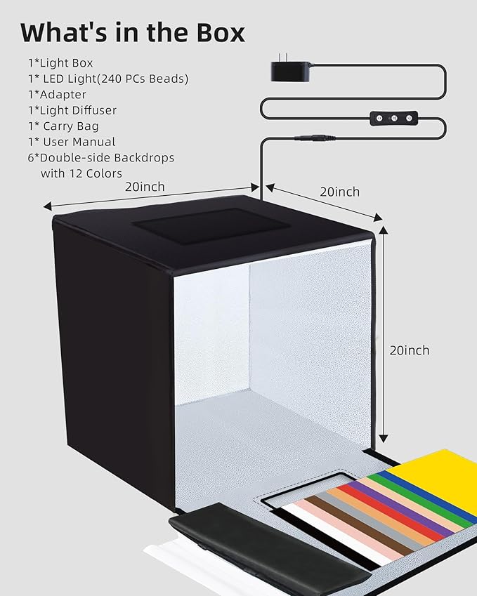 Glendan Light Box Photography: 20x20 inch Photo Studio Light Box with 240 LED Dimmable LED Lights - Folding Photo Box with 12 Color Backdrops for Jewelry Food Electronics Product Photography