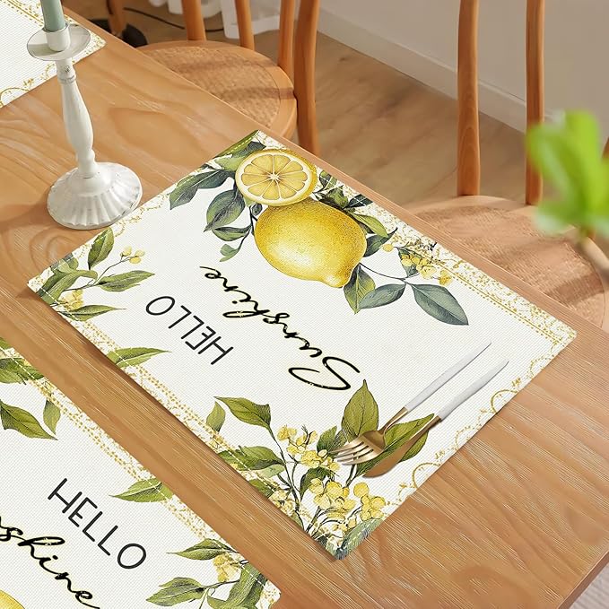 Lemon Iris Summer Placemats Set of 6, Rustic Fruit Place Mats, Country Hello Sunshine Dining Table Mats, Washable Placemats for Kitchen Dining Room Home Decor 18L'' × 12W''