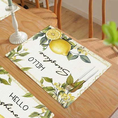 Lemon Iris Summer Placemats Set of 6, Rustic Fruit Place Mats, Country Hello Sunshine Dining Table Mats, Washable Placemats for Kitchen Dining Room Home Decor 18L'' × 12W''