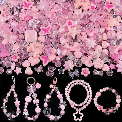 Assorted Acrylic Beads, 200-260PCS Pink Cute Beads for Bracelet Making, GummyBear Bow Flower Candy Kawaii Charms for Jewelry Making DIY Necklace Keychain Phone Charm Christmas Gift