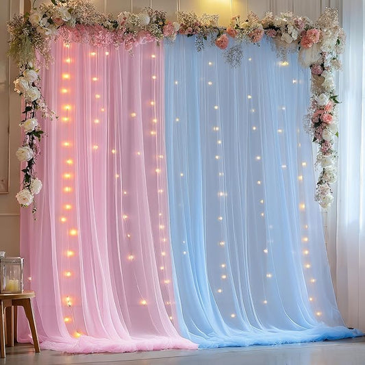 10x10ft Pink Blue Tulle Backdrop Curtain with Lights String for Parites, Sheer Backdrop Curtains for Wedding Baby Shower Birthday Party Photo Shoot Decorations