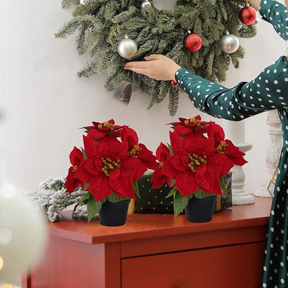 Poinsettias Flowers Artificial 2 Pack Red Faux Christmas Poinsettia Plant Small 11 Inch Winter Flowers for Home Office Table Decorations Indoor Xmas Ornament