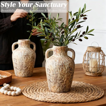 Vintage Wabi Sabi Ceramic Vase – 7.87 Inch Farmhouse Flower Vase with Handle, Rustic Decorative Pot for Entryway, Shelf, Floral Arrangement, Boho Home Decor