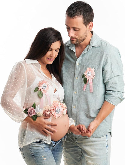 Baby Shower Maternity Sash Belly Belt-Pink Flower Sash Set Mom to Be & Dad to Be Corsage Pins for Gender Reveal