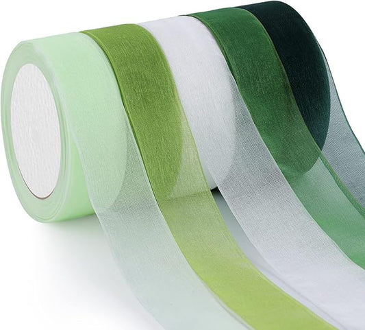 Organza Ribbon Sheer Ribbon, 1" x 125 Yd 5 Rolls Green for Gift Wrapping, Bouquet, Wedding, Party Decoration, Green