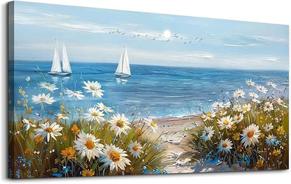 PHAOHUAXM Large Blue Ocean Landscape Canvas Printing Picture Wall Art For Living Room Farmhouse Dinin Mural White Flowers Bedroom Office Wall Decor Home Decor Painting Easy To Hang 30x60 Inches