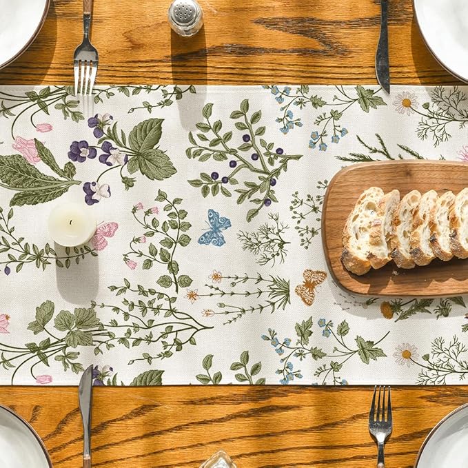 Artoid Mode Wildflowers Floral Spring Table Runner, Seasonal Summer Butterfly Kitchen Dining Table Decoration for Home Party 13x72 Inch