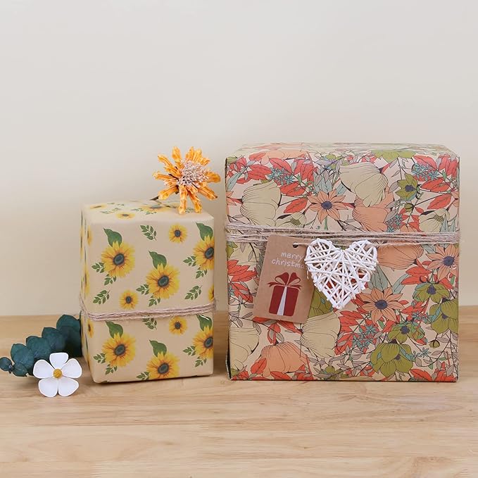 Aimyoo Kraft Floral Wrapping Paper Roll, All Occasion Vintage Flower Gift Wrap for Wedding Birthday Bridal Shower, 17 inch x 10 ft