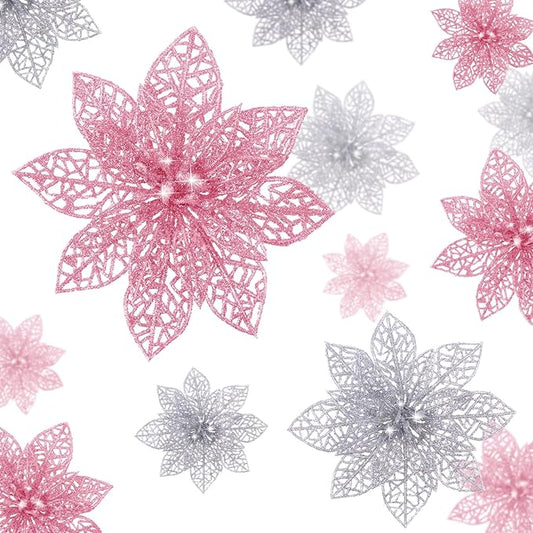 Boao Pink,Silver 24 Pieces Poinsettia Flower Christmas Glitter Artificial Poinsettia with Clips Christmas Tree Ornament Decorations for DIY Xmas Wreath Holiday Home Party Decor, 3/4/6 Inches