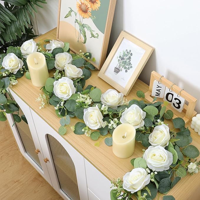 TOCHGREEN 2Pcs(13 Ft) Artificial Eucalyptus Flower Garland with White Rose Flowers,Faux Rose Vine Gypsophila Greenery for Home Party Wedding Table Decor (White, 2PCS)