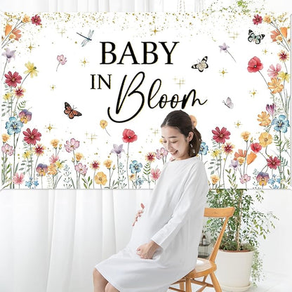Avezano Wildflower Baby in Bloom Backdrop Banner Wildflower Baby Shower Party Decorations for Girls Gold Glitter Butterfly Spring Floral Baby in Bloom Party Supplies (6x3.6ft)