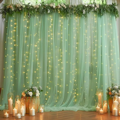 10×10ft Green Tulle Backdrop Curtain with Lights String for Parties, Sheer Photo Curtain Backdrop Drapes for Wedding Party Photography Backgrounds