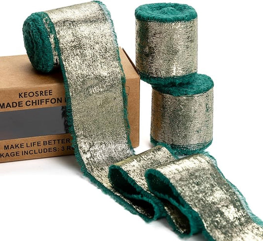 Dark Green Silk Chiffon Ribbon,Emerald Green Frayed Shimmery Silk Ribbon for Bridal Flower Bouquet Gift Wrapping Wedding Decor Invitations Decorations 1.5" x 15 Yards (5Yards X 3 Rolls)