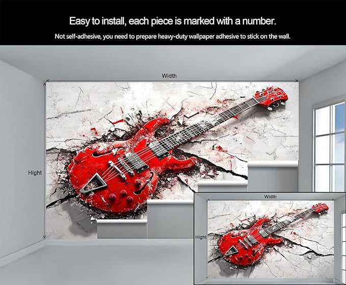 KIREUPA Red Electric Guitar Wall Mural, Grunge Style Guitar 3d Wall Murals, Rock Music 3D Explosion Wallpaper Mural, for Living Room Bedroom Large Wallpaper Indoor Decor 59" W x39.4 H
