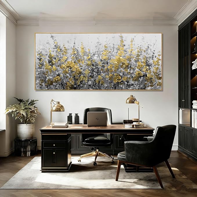 WINKAILIN Black Gold Wall Art Abstract Oil Flower Canvas Grey Painting Modern 32x70 Plant Artwork with Frame for Living Room Office Decoration