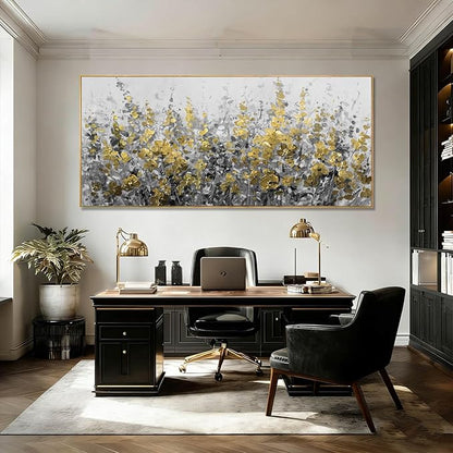 WINKAILIN Black Gold Wall Art Abstract Oil Flower Canvas Grey Painting Modern 32x70 Plant Artwork with Frame for Living Room Office Decoration