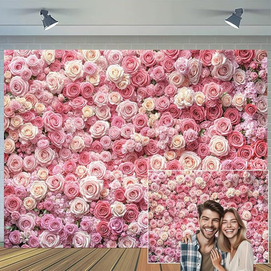 12X8ft Pink Flower Wall Backdrop Floral Rose Floral Photography Backdrops Girls Princess Birthday Baby Shower Wedding Bridal Shower Photo Background Mothers Day Picture Cake Table Decoration Banner