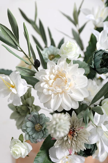 Artificial Flowers Heads Combo White Green Flowers Mix Silk Flowers Dahlia Roses for Graduation Cap DIY Cake Wedding Party Floral Arrangement Table Centerpieces Home Decorations
