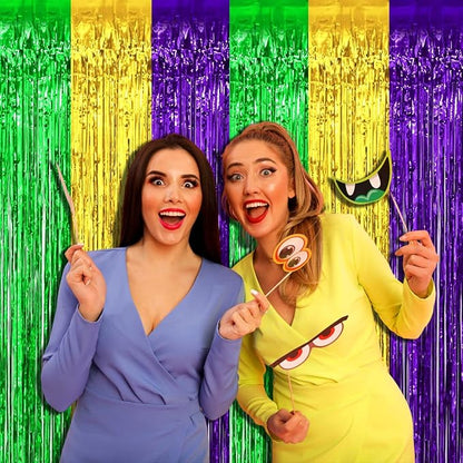 4 Pack Mardi Gras Foil Fringe Curtain Backdrop, 3.28Ft x 8.2Ft Gold Green Purple Metallic Tinsel Foil Fringe Streamers Curtains for Photo Booth, Wedding, Birthday Party Decoration