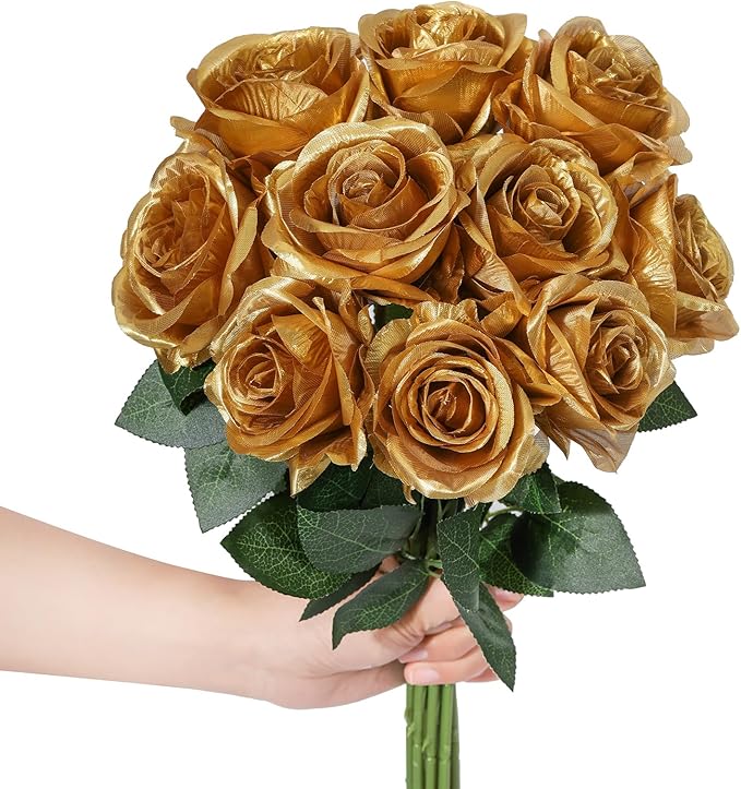 LFF 10pcs Silk Roses Artificial Flowers Fake Long Stem Roses for DIY Wedding Bouquet Home Decoration (Gold)