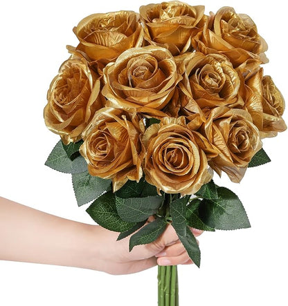 LFF 10pcs Silk Roses Artificial Flowers Fake Long Stem Roses for DIY Wedding Bouquet Home Decoration (Gold)