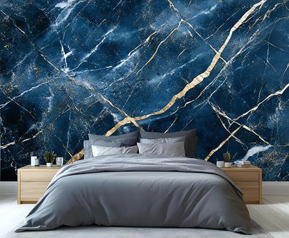 Blue Marble Wall Mural, Gold Vein Marble 3D Wall Murals, Luxury Navy Stone Wallpaper Mural, for Living Room Bedroom Large Wallpaper Indoor Decor 137.8" W x100 H
