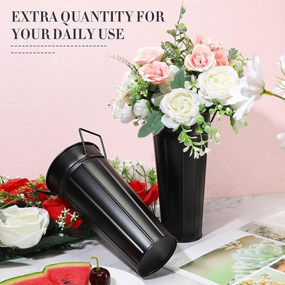 Lallisa 24 Pcs Metal Vases 9 Inch Galvanized French Farmhouse Flower Buckets with Handles and Hemp Rope, Vintage Style Flower Containers for Country Wedding Party Table Centerpiece Decor(Black)