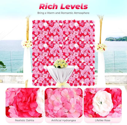 12pcs 24" x 16" Artificial Flower Wall Panel Background,3D Dark Pink Silk Dahlia Rose Flowers Wall Backdrop for Wedding Party Event Photo Backdrop Wall Decor (Type 1)